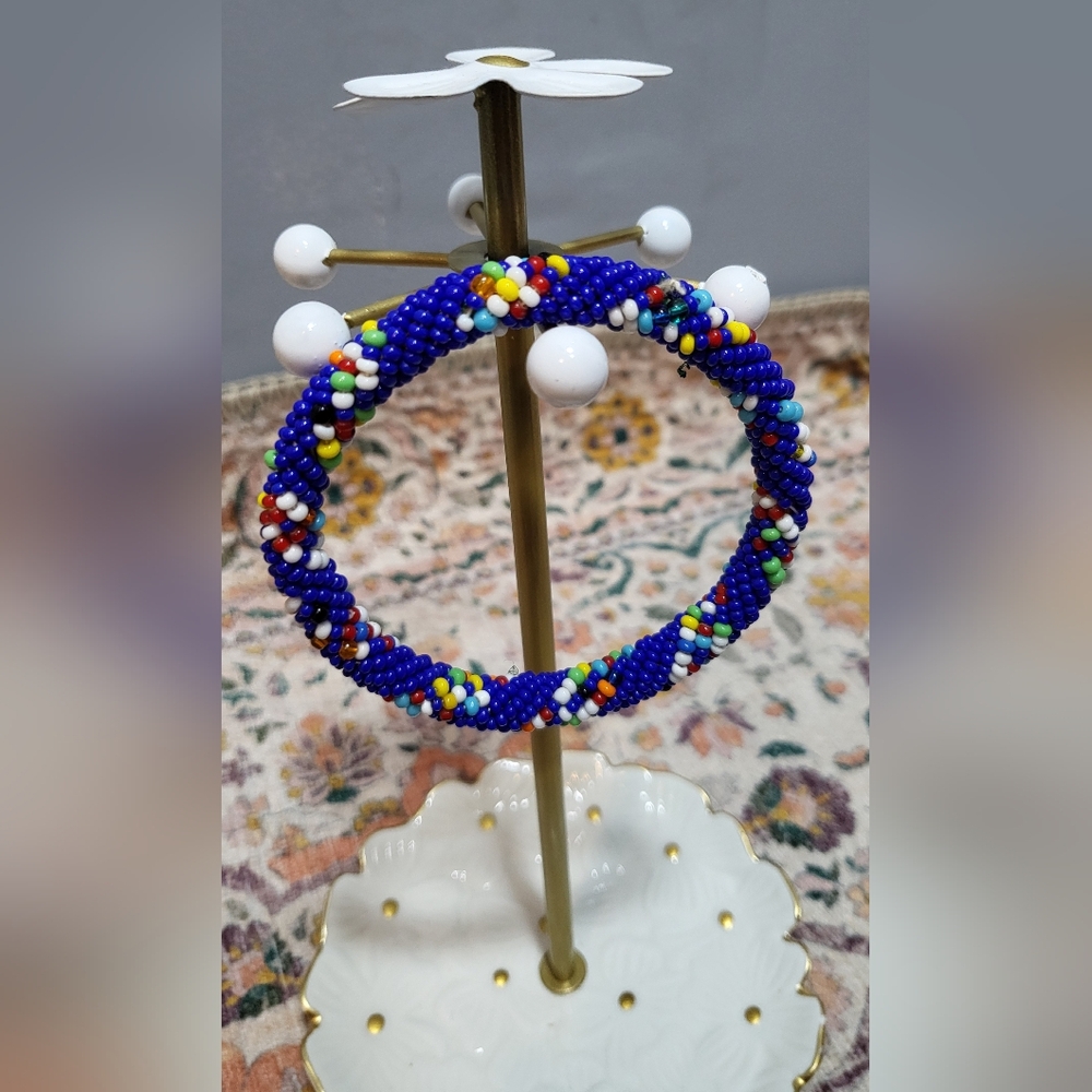 Boho African Beaded Bracelet- Blue Multi-Color Handwoven Bangle - Ethnic Zulu